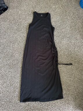 aerie Black Sleeveless Ribbed Maxi Dress with Side Ruching